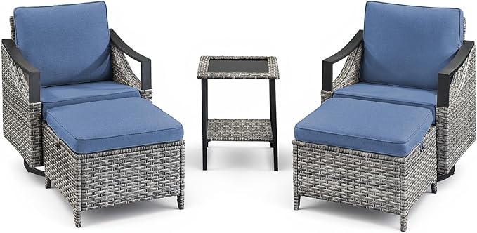 5 Pieces Wicker Outdoor Patio Furniture Set-All-Weather Wicker Patio Swivel Glider Chairs with 2 Ottoman and Glass Side Table, Outdoor Patio Conversation Sets for Porch Balcony Deck Blue/Grey