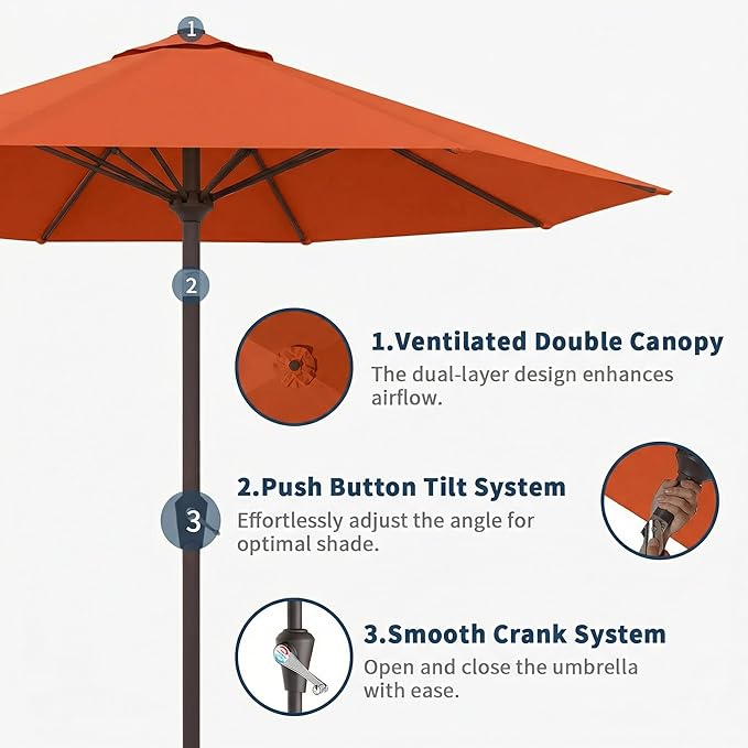 10FT Patio Umbrella Outdoor Market Umbrella with Crank and Tilt, 8 Flexible Fiberglass Ribs, UV-Resistant Waterproof Canopy for Patio, Deck, Garden, Backyard, Terracotta