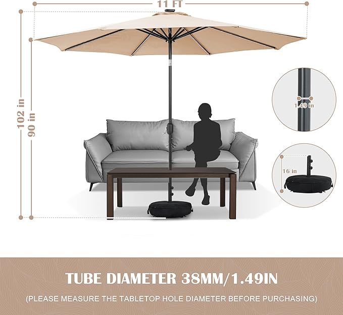 Sundale Outdoor Solar 104 LED 11 ft Patio Umbrella with Sand Bag Umbrella Base, Outdoor Umbrella with Tilt and Crank, Tan