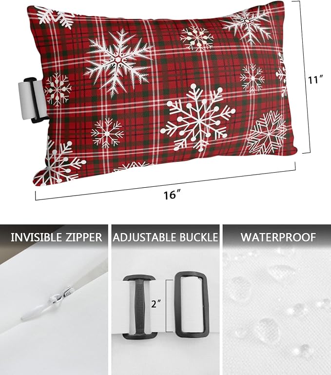 Outdoor Pillows Covers with Inserts Christmas Winter Snowflake Red Black Buffalo Plaid Waterproof Pillow with Adjustable Strap Throw Pillows for Patio Furniture Recliner Lounge Chair, 11x16 inch, 1PCS
