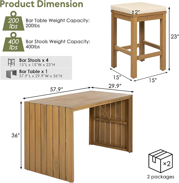 5 Piece Outdoor Bar Set, Patio Acacia Wood Bar Height Table & Four Stools with Cushions, Wood Dining Bar Set for Backyard, Poolside, Balcony