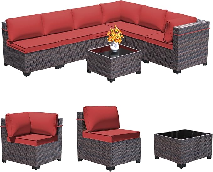 7 Pieces Outdoor Patio Furniture Set,Outdoor Sectional Furniture All Weather PE Rattan Wicker Patio Conversation Set with Coffee Table and 6 Thickened Cushions,Red