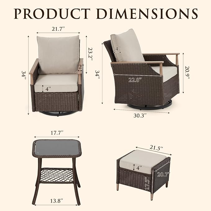 MELLCOM Patio Swivel Glider Rocker Chairs Set Wicker 5 Piece Patio Furniture Set Rocking Bistro Set with Tempered Glass Side Table and 2 Ottoman, for Backyard Garden Patio Porch (Beige, 5pcs)