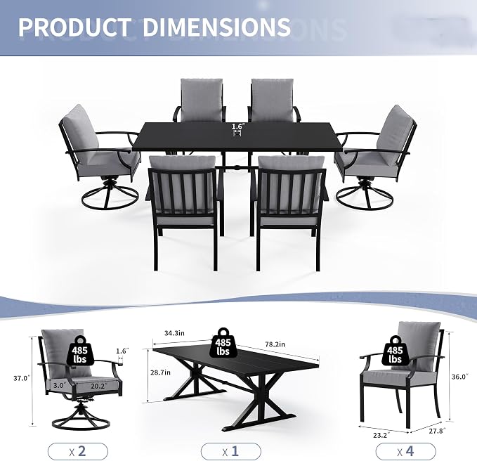 Kullavik 7 Pieces Outdoor Dining Set,Patio Dining Table and Chairs Set for 6,Fence Pattern Back Chairs with Thickened Cushions & X-Frame Metal Dining Table with Umbrella Hole for Patio,Grey