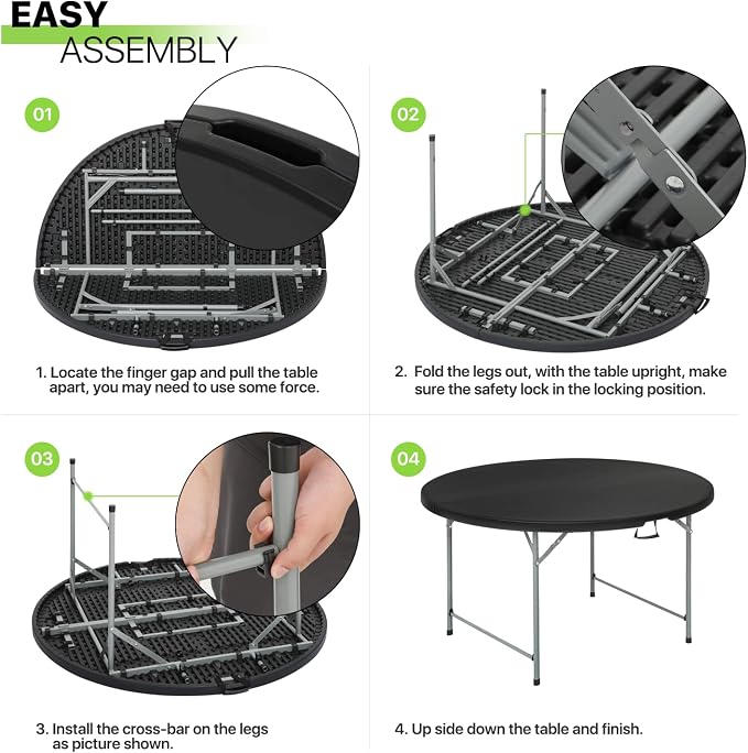 Magshion 48" Round Folding Table, 4 Feet Bi-Folding Plastic Commercial Dining Card Table w/Carrying Handle for Outdoor Wedding Party Event Picnic, Black