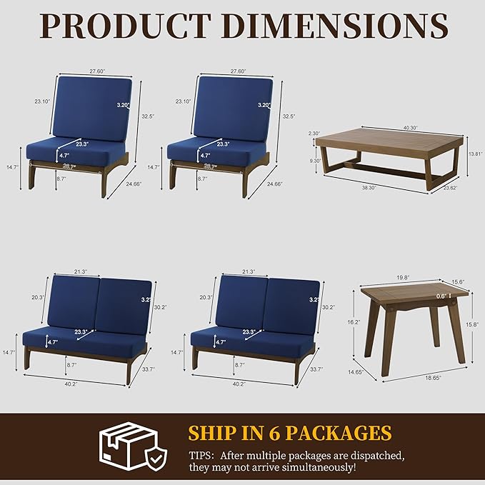 UIXE 6 Pieces All Weather Wood Patio Furniture Sets, 2 Patio Loveseat, 2 Patio Bistro Chair, Outdoor Sectional Sofa Furniture Backyard Conversation Set with Coffee Table - Navy
