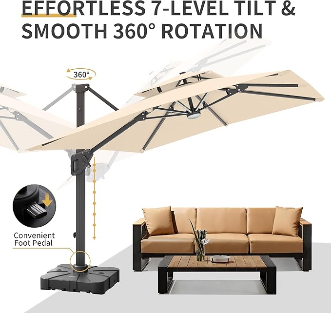 10 X 13 FT Cantilever Patio Umbrella with Base Included & Led Lights Outdoor Rectangle Offset Large Double Top Heavy Duty Umbrellas 360°Rotation for Pool Deck Backyard,Beige