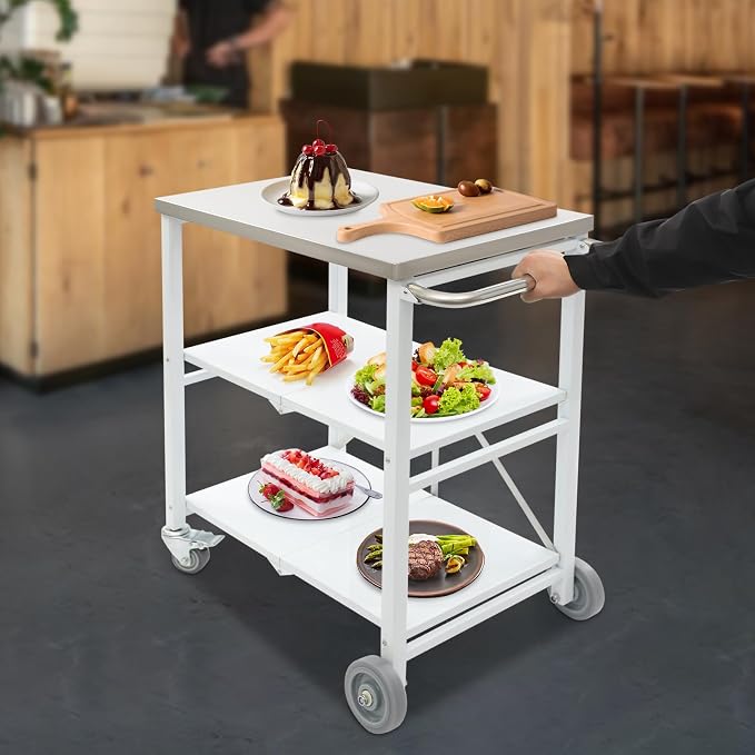 Foldable Outdoor Grill Table with 2 Total Lock Casters, Stainless Steel Pizza Oven Stand, 3 Shelf Folding Kitchen Island, Green, 27.6 x 18.5 (Silver, White, Grey)