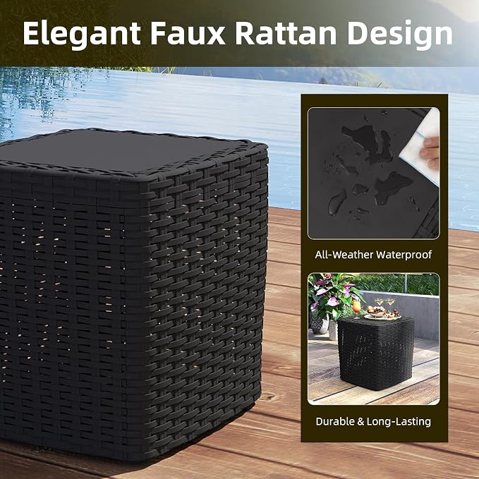 14 Gallon Outdoor Storage Box, Faux Rattan Deck Box with Removable Lid & Lockable Feature, All-Weather Waterproof Storage Bench for Poolside, Garden Tools Delivery Packages, Black