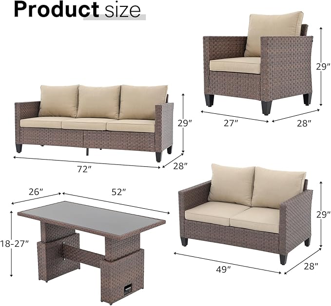 SUNSITT Outdoor Patio Furniture Set 5 Piece Wicker Conversation Set with Lift Coffee Table Sectional Dining Set 3 Seat Sofa Couch with Loveseat, Brown Wicker & Beige Cushion