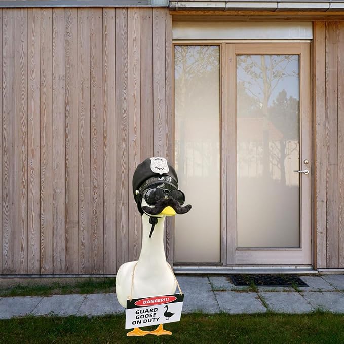 9pcs Goose Outfit,Porch Goose Outfits,Lawn Goose Statue Costume for 17"/23" Cement Patio Garden Outdoor Statue Decor,Police Hat Eyeglasses PVC Sign Danger Guard Goose on Duty (Police)