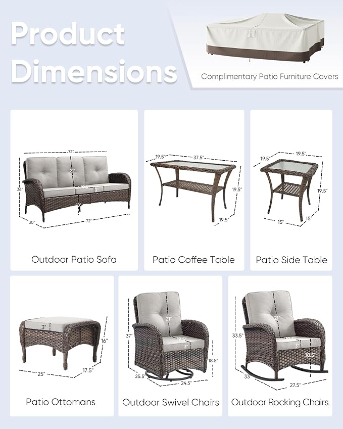 10-Piece Patio Furniture Set-Patio Rocking Chairs Set of 4 Outdoor Rattan Sofa Sets with Coffee Table Outdoor Patio Furniture Sets for Deck Porch Garden Balcony Poolside-Brown/Beige