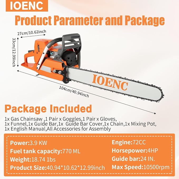 Gas Chainsaw 72CC Power Chain Saws Single Cylinder, Air-cooled, 2-Stroke Gas Powered 24" Tree Trimmer, Handed cordless Chain Saw,Easy for Trees/Wood Cutting