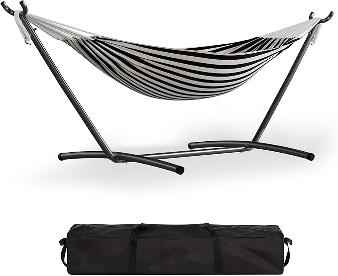 Hammock with Stand for Outside，450 lb Weight Capacity Double Hammock，Heavy Duty Steel Frame，Premium Carry Bag, Portable Hammock for Indoor, Patio, Beach - Black