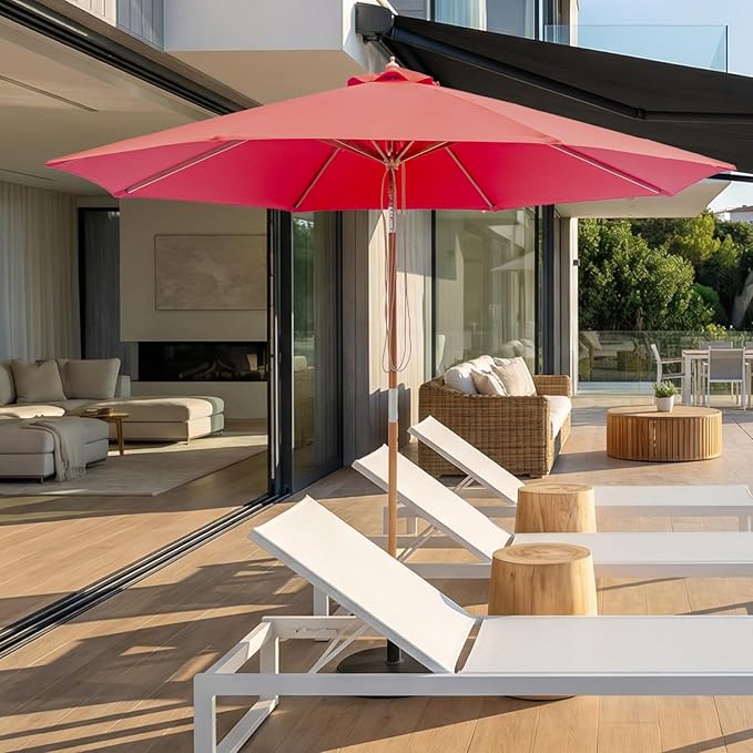 9FT/10FT Bamboo Patio Umbrella, Large Outdoor Umbrella with UPF 50+ Sun Protection, Rope Pulley Lift & Push-Button Tilt, 8-Rib Ventilated Canopy for Garden, Deck, Backyard & Outdoor Dining