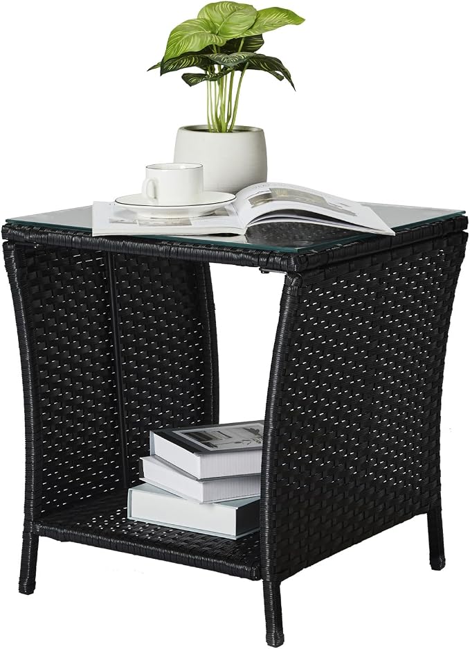 Bonnlo Outdoor Coffee Table, Small Garden Side Table with Glass Top and Shelf Underneath, Outside Patio Balcony, 46x46x50cm Black