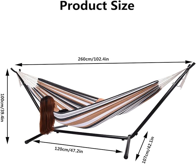 Swing Hammock with Double Space Saving Steel Stand, 2-Person Hammock with Portable Carrying Bag for Garden Yard Porch Patio & Indoor,Capacity 450 Pounds,US Shipping, 102.4x42.1x39.4 In