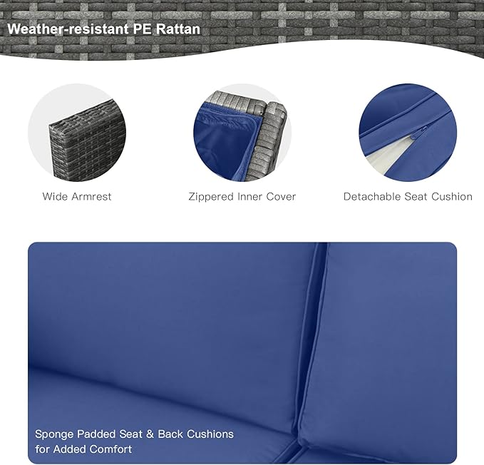 Tangkula 9 Pieces Patio Rattan Furniture Set, Patiojoy Sectional Sofa Set w/Storage Box, Coffee Table, Outdoor Wicker Conversation Set w/ 42” ETL Approved Propane Fire Pit Table (Navy Blue)