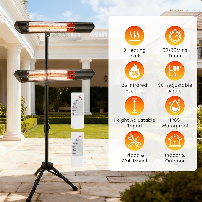 Outdoor Electric Patio Heater, 1500W Infrared Heater with Remotes, 3 Heating Levels, Height Adjustable, IP65 Waterproof & Timer, Wall Mount/Tripod Stand Heaters for Patio Garage Garden & Indoor Use