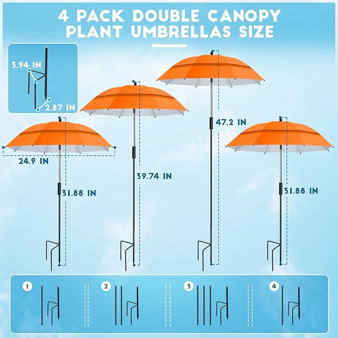 4 Pack 24.9" Double Canopy 47.2" Height Plant Umbrellas for Outdoor Plants, 3D Stakes 360° Adjustable Plant Shades for Outdoor Plants, Garden