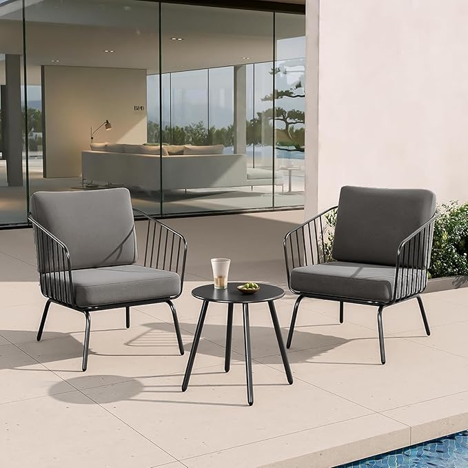 East Oak 3-Piece Plaza Patio Furniture Set, Outdoor Furniture with Thick Cushion Sofa and Coffee Table, Outdoor Bistro Set for 2, Modern Patio Conversation Set for Balcony, Black & Grey