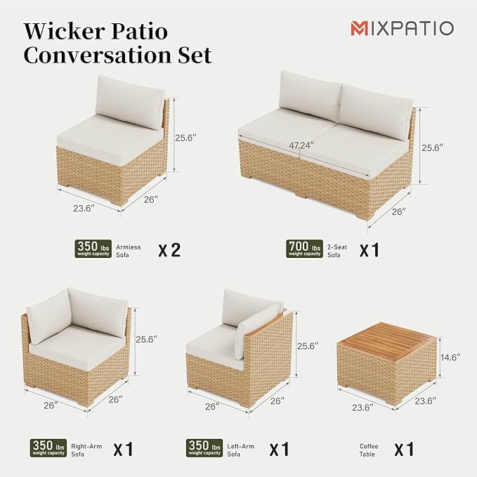 Wicker Outdoor Patio Furniture Set 7 Pieces Patio Chaise Longue Conversation Set, Rattan U-Shaped Sofa Couch with Acacia Wood Coffee Table for Deck Porch and Garden