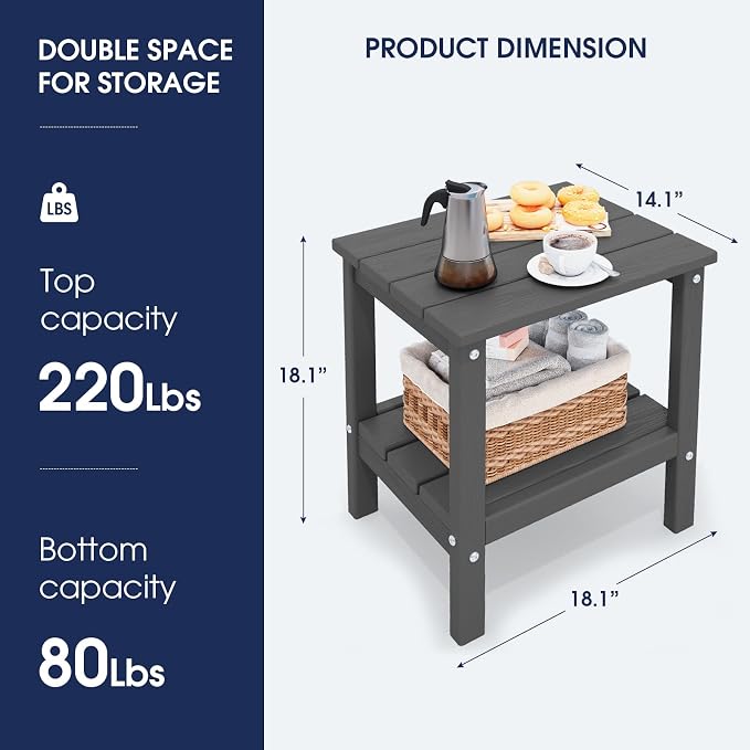 KINGYES Outdoor Side Table Set of 2, Double Layer Adirondack End Table- Gray