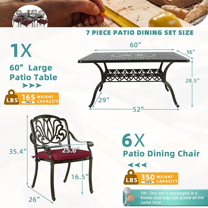 MEETWARM 7-Piece Outdoor Patio Dining Set, 6 Outdoor Dining Cushioned Chairs and 1 Rectangle Table with 2" Umbrella Hole, All Weather Cast Aluminum Patio Funiture Set for Backyard, Chili Red