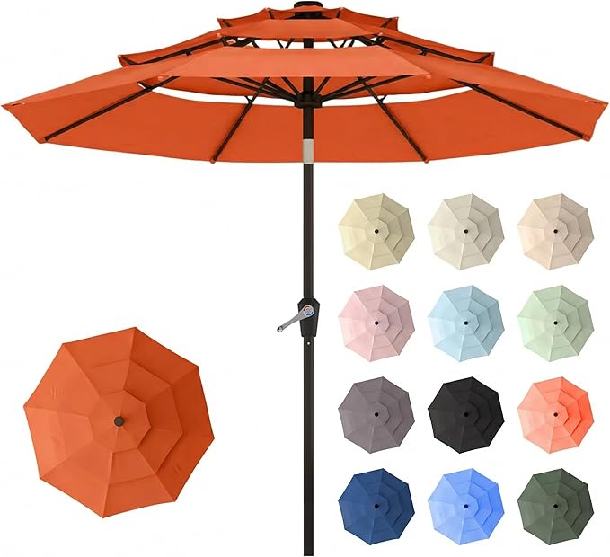 10ft Patio Umbrella, 3 Tier Outdoor Market Table Umbrellas with 8 Fiberglass Ribs and Push Button Tilt, Windproof, Vented Canopy, UV Protection for Deck, Pool, Backyard