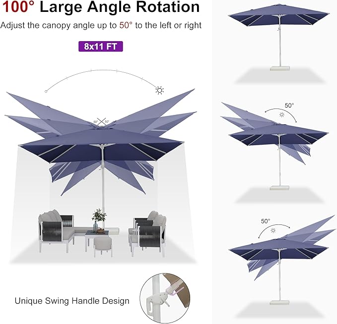 PURPLE LEAF 8' X 11.5' Right-left Tilt Patio Umbrella Swivel White Cantilever Umbrella with Tilt Aluminum Outdoor Umbrella with 360° Rotation for Deck Pool Garden, Navy Blue