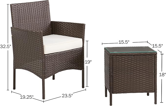 Outdoor Patio Furniture Set – 3-Piece Rattan Seating Combo with 2 Cushioned Chairs and Table for Deck or Front Porch Furniture by Lavish Home (Brown)