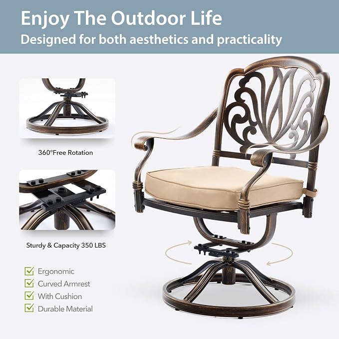 9-Pcs Cast Aluminum Patio Dining Set with 8 Swivel Chairs,Bronze | Outdoor Furniture Set Include 87" Oval Dining Table and 8 Swivel Chairs with Cushions & Umbrella Hole