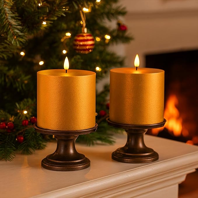 Smtye 4x4 Inch Gold Textured Flameless LED Candles Set of 2, Plastic Sand Finish Battery Operated Flickering Pillar Candles with Timer, Realistic Warm Glow for Home, Weddings, and Holiday Decor