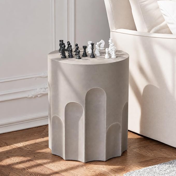 SUNBURY Outdoor Side Table, 15" W Small Outdoor End Table, Concrete Side Tables w Chessboard, Lightweight MgO Round Patio Side Tables, Garden Stool Plant Stand for Yard, Front Porch, Grey
