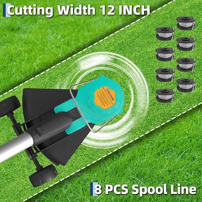 Garvee 20V String Trimmer with Wheel Cordless 12 Inch 8 Pcs Line Feed / 550 CFM Leaf Blower, Lightweight Design. 4 * 2.0 Batteries. Extra-Long Battery Life of 60-120 Minutes, 2 Fast Charger