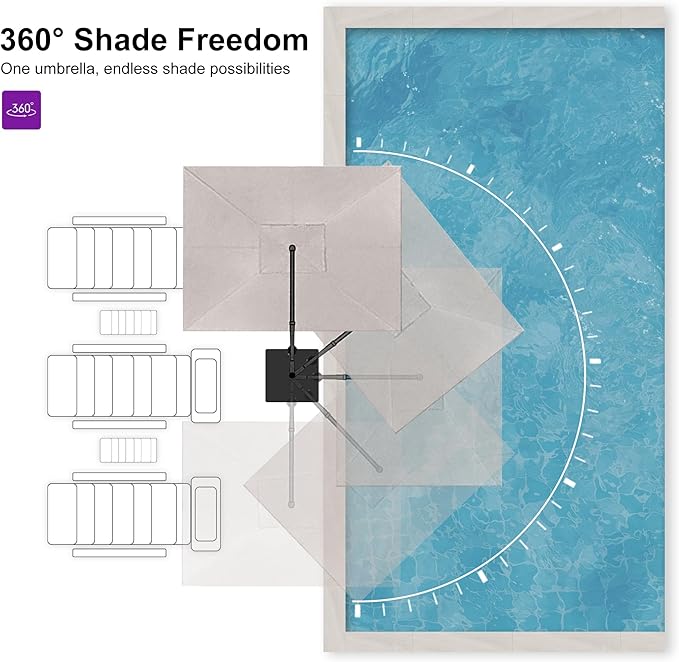 PURPLE LEAF Patio Umbrella 9' X 11.5' Cantilever Umbrella with Central Lights and Base Aluminum Outdoor Umbrellas with 360-degree Rotation & UPF40+ Fabric for Deck Pool Garden Yard, Ash Mocha