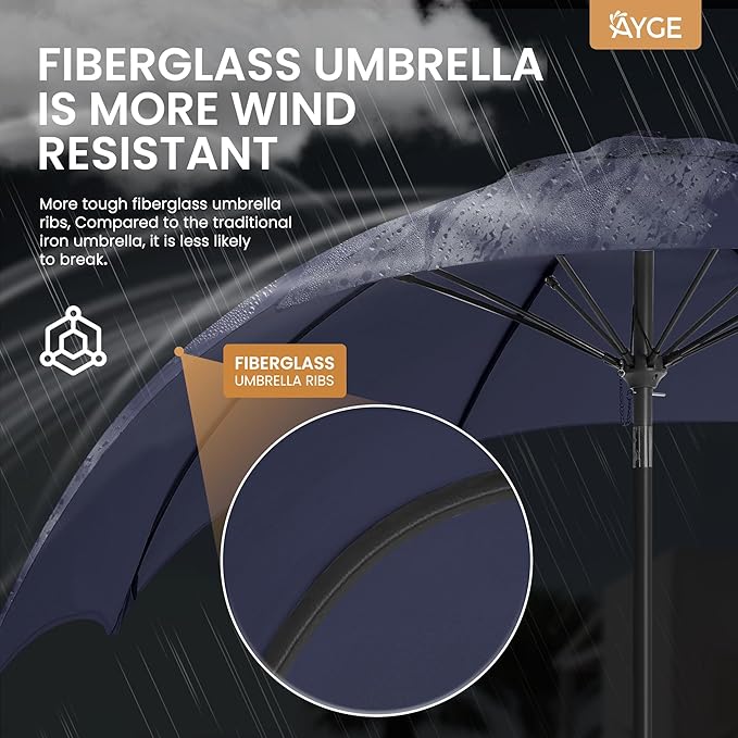 Ayge 7.5FT Large Outdoor Patio Umbrella Market Table Umbrella-UV Resistant, Easy Push Button Tilt and Crank, 6 Sturdy Fiberglass Ribs Heavy-Duty Pool Umbrella for Deck, Backyard,Garden, Yard,Navy
