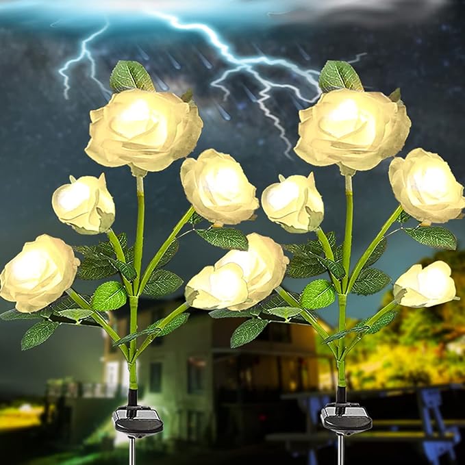 SmilingTown Solar Garden Stake Lights 2 Pack with 10 Rose Flowers Landscape Path Decorative Lights Waterproof for Outdoor Yard Grave Cemetery Pathway Courtyard Lawn (White)
