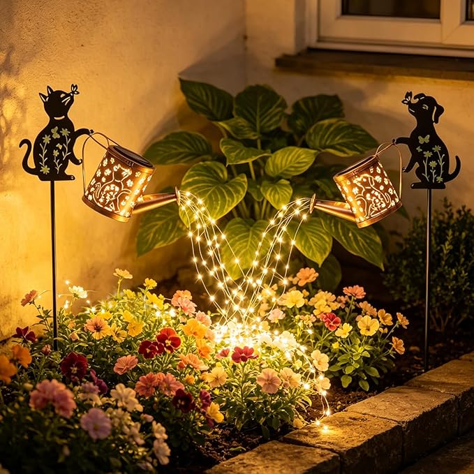 Watering Can Solar Lights for Outside, Watering Can with Cascading Lights Shepherd's Hook, Gardening Gifts for Women, Yard Decoration Outdoor and Garden Backyard