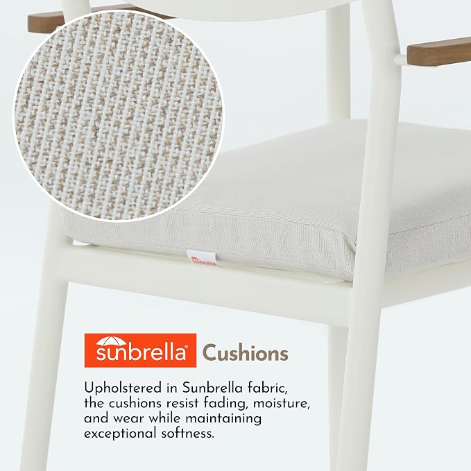 Modern Shade Lusso Outdoor Dining Chairs Set of 6, Fade Resistant, All-Aluminum Outdoor Chairs with FSC Teak Wood Armrests, Weather-Resistant Patio Chair with Quick Dry Cushion, White