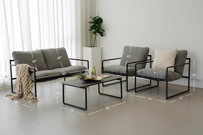 Grand Patio 4-Piece Modern Outdoor Furniture Set, Patio Sofa with Cushion, Metal Couch with Coffee Table, Conversation Set for Porch Deck Balcony Backyard Living Room