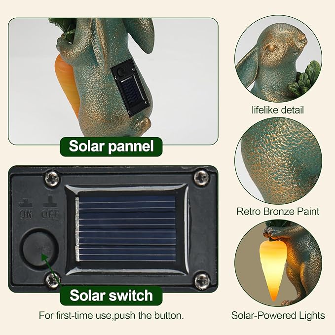 PETAFLOP Solar Garden Statues Outdoor Decor, Rabbit Figurines with Carrot Light for Patio Balcony Lawn Yard Decorations, Birthday Housewarming Gifts for Women Mom Grandma