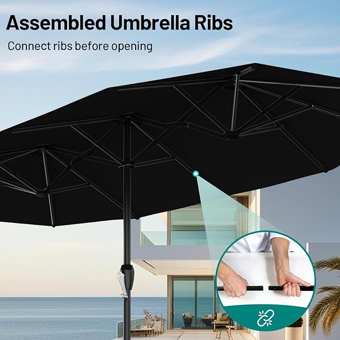 AreShark 15ft Patio Umbrella with Base, Double Sided Outdoor Umbrella with 12 Fiberglass Ribs, Large Outdoor Umbrella for Garden, Pool, Deck, Backyard & Market, Black
