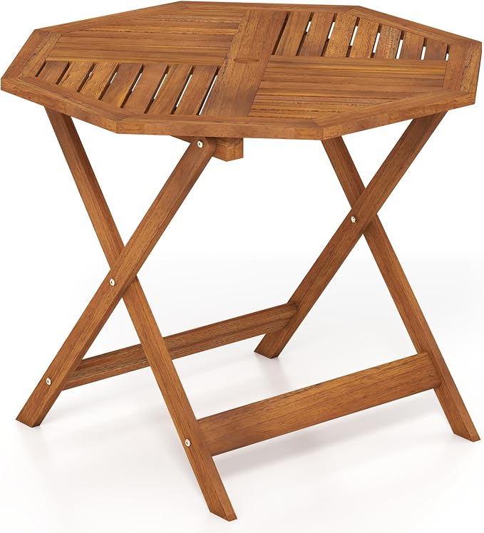 Tangkula 35.5" Octagonal Patio Dining Table, Hardwood Outdoor Bistro Table with Slatted Tabletop, 1.97" Umbrella Hole & Teak Oil Finish, Outside Table for Porch Balcony Deck Poolside Yard