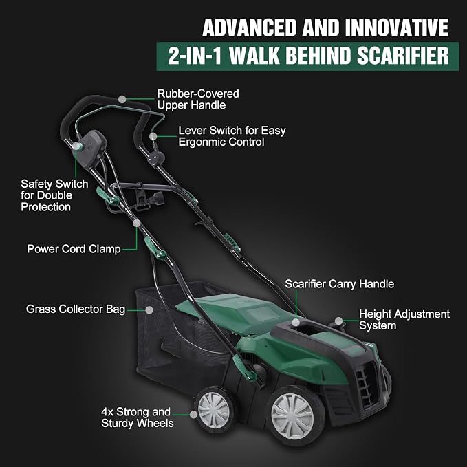 16 Inches Scarifier,2-in-1 Electric Dethatcher Scarifier with Removable Collection Bag,Lawn Scarifier with Adjustable System,Electric Lawn Dethatcher for Home Garden