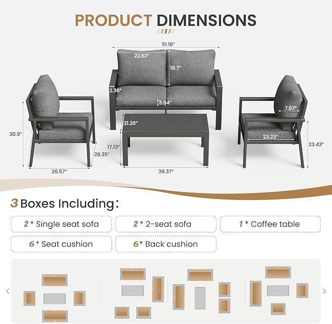 5 Pieces Aluminum Outdoor Patio Furniture Set 6-Seat Deck Furniture Patio Conversation Sets All-Weather Rust-Proof Sectional Sofa Set with Removable Cushion for Balcony, Yard, Poolside