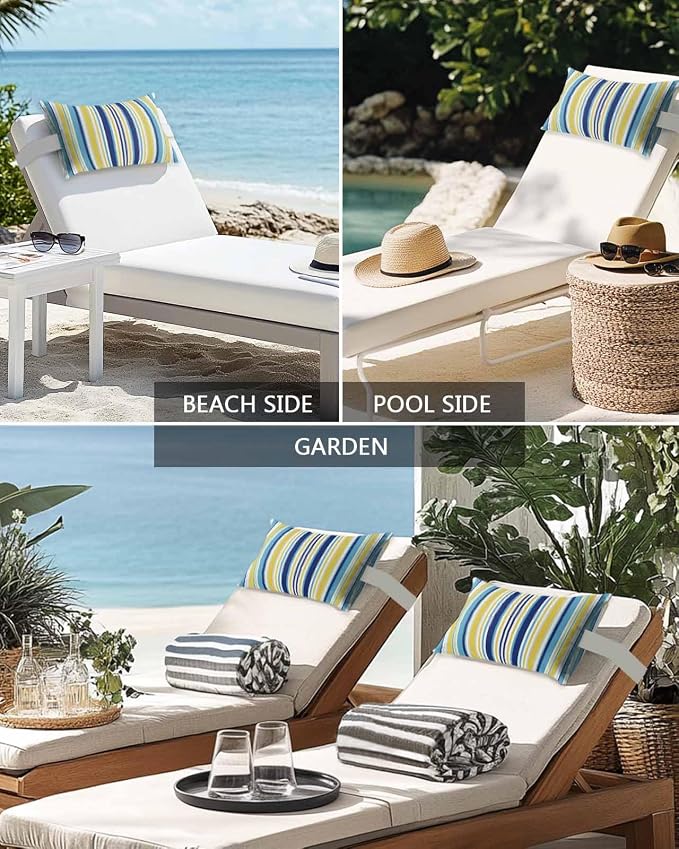 Outdoor Pillows Covers with Inserts Aqua Navy Blue and Yellow Colorful Texture Waterproof Recliner Pillow with Adjustable Strap Throw Pillows for Patio Furniture Pool Lounge Chair, 12x20 inch, 2PCS