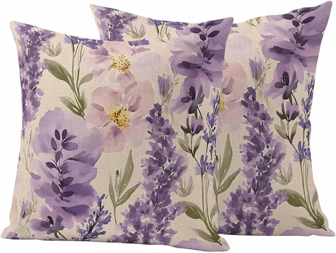 Spring Flowers Outdoor Waterproof Throw Pillow Covers Set of 2, 18"x18", Lavender Leaf Purple Floral Vintage Decorative Pillow Covers Outside Cushion Case for Patio Porch Garden