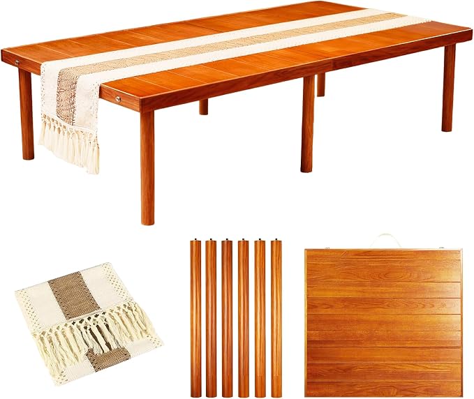 Folding Picnic Table with Table Runner, 60 * 30in Wooden Picnic Table for Outdoors, Boho Low Coffee Table for Sitting on The Floor, Suitable for Beach, Park, Garden, Camping, Travel(Brown)