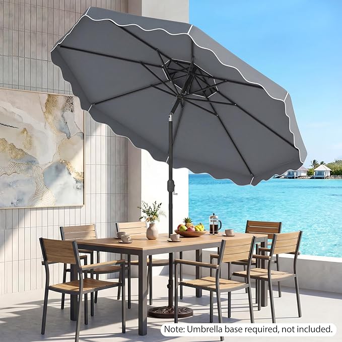 Happygrill 10 FT Patio Umbrella, Scalloped Outdoor Table Market Umbrella with Push Button Tilt & Crank, 2-Tier Vented Top, Heavy-Duty 8 Metal Ribs, Sun-Protective Canopy, Ruffle for Deck Pool Garden (Gray)
